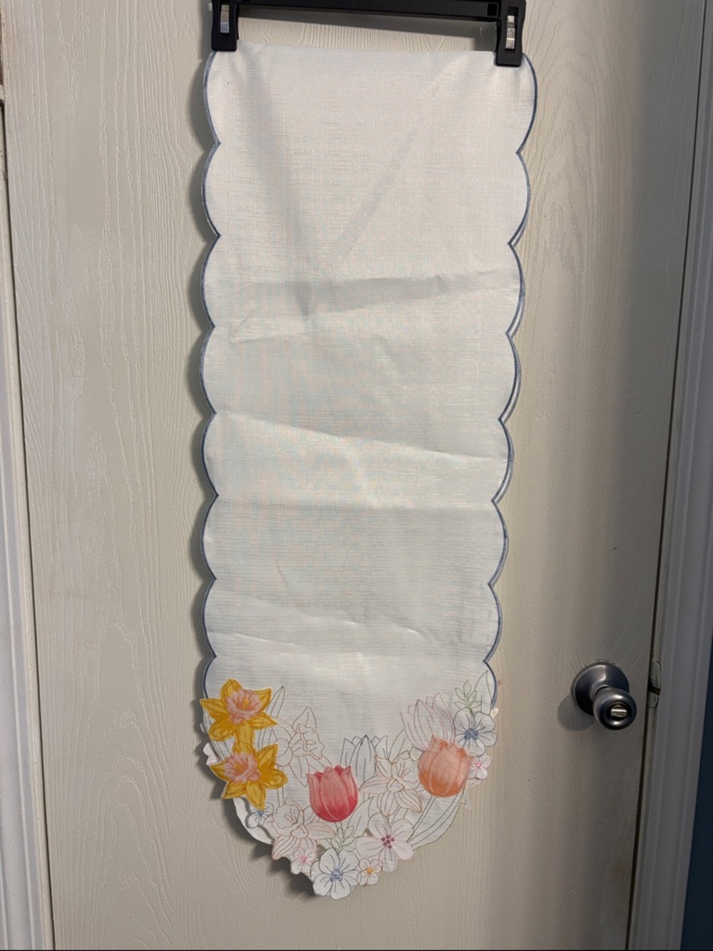White Scalloped Floral Embroidered Table Runner with Blue Trim